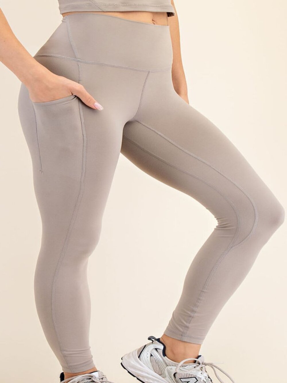 WOMEN PLUS SOFT HIGH WAIST YOGA FULL LENGTH LEGGINGS W/POCKETS STONE TAUPE 1X-3X